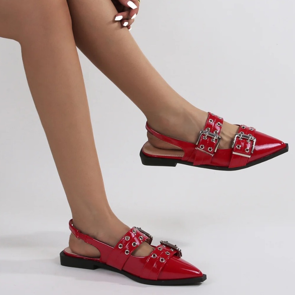 Red Buckle Detail Women's Flats